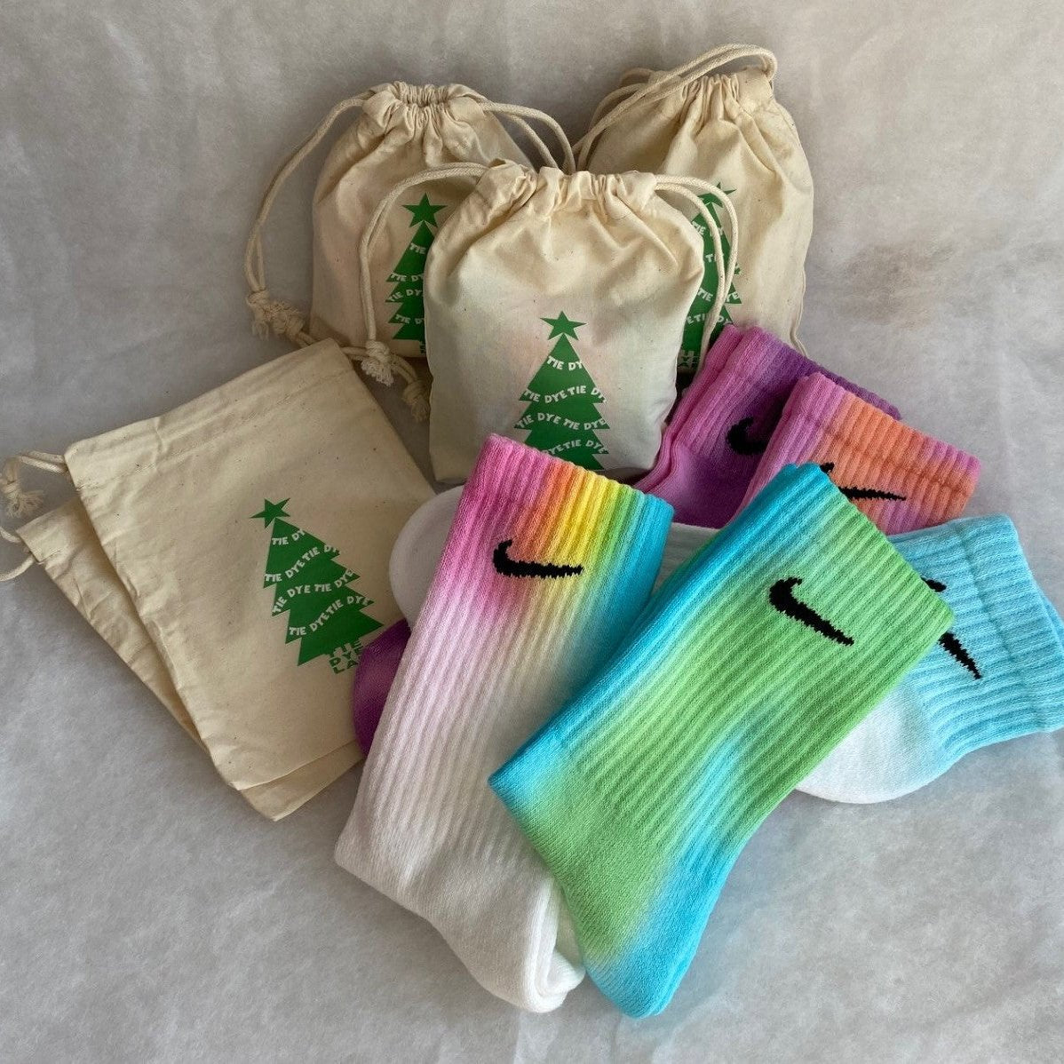 Nike tie dye socks and Christmas gift bag