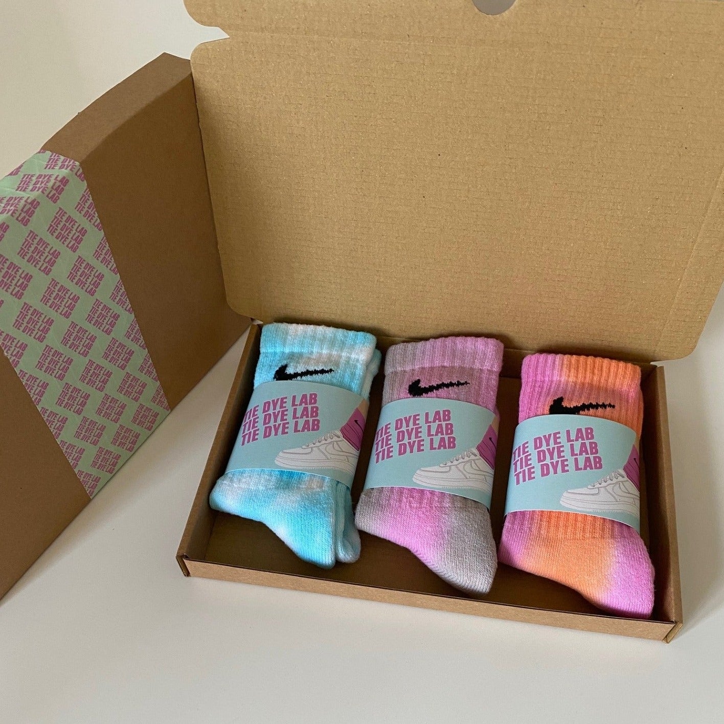 3 pairs kids nike tie dye socks in a bundle box