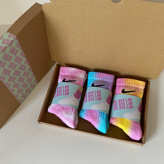 3 pairs kids nike tie dye socks in a bundle box